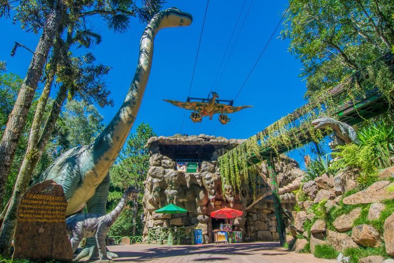 Caminho arborizado dentro do Parque Terra Mágica Florybal em Gramado