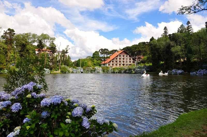 Lago Negro com hortênsias na margem e pedalinhos em forma de cisne