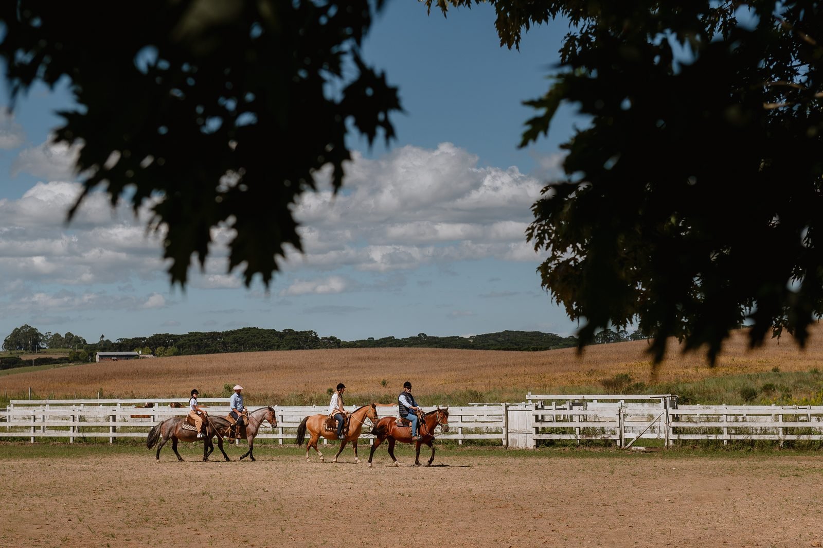 Adulto e adolescente a cavalo parados à beira do açude
